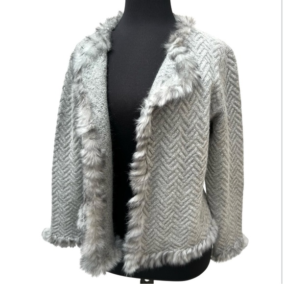 Penny Lane Fur Trim Wool Angora Cable Knit Women Cardigan Sweater Cottage Core - Picture 3 of 16